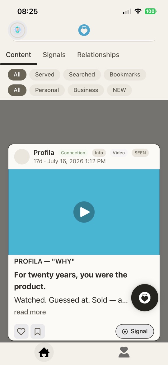 A video Brand Moment in the feed, chipped Connection · Info · Video · SEEN, with a poster frame and play button