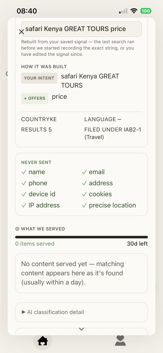 The customer’s signal detail listing what was never sent: name, email, phone, address, device id, cookies, IP address, precise location