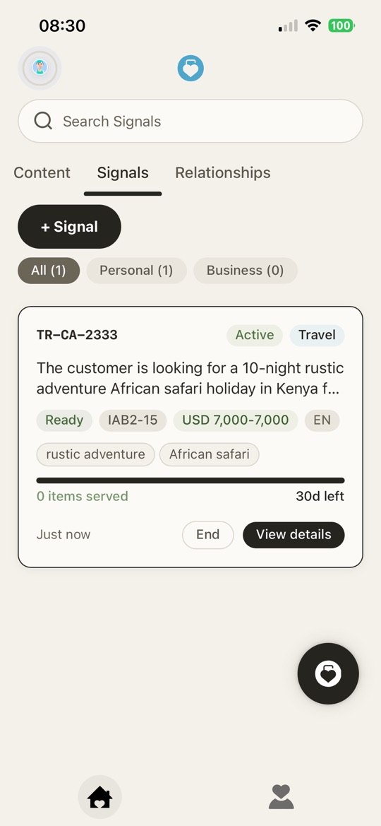 The customer’s Signals tab: a travel signal with its token, IAB category, budget range and days remaining